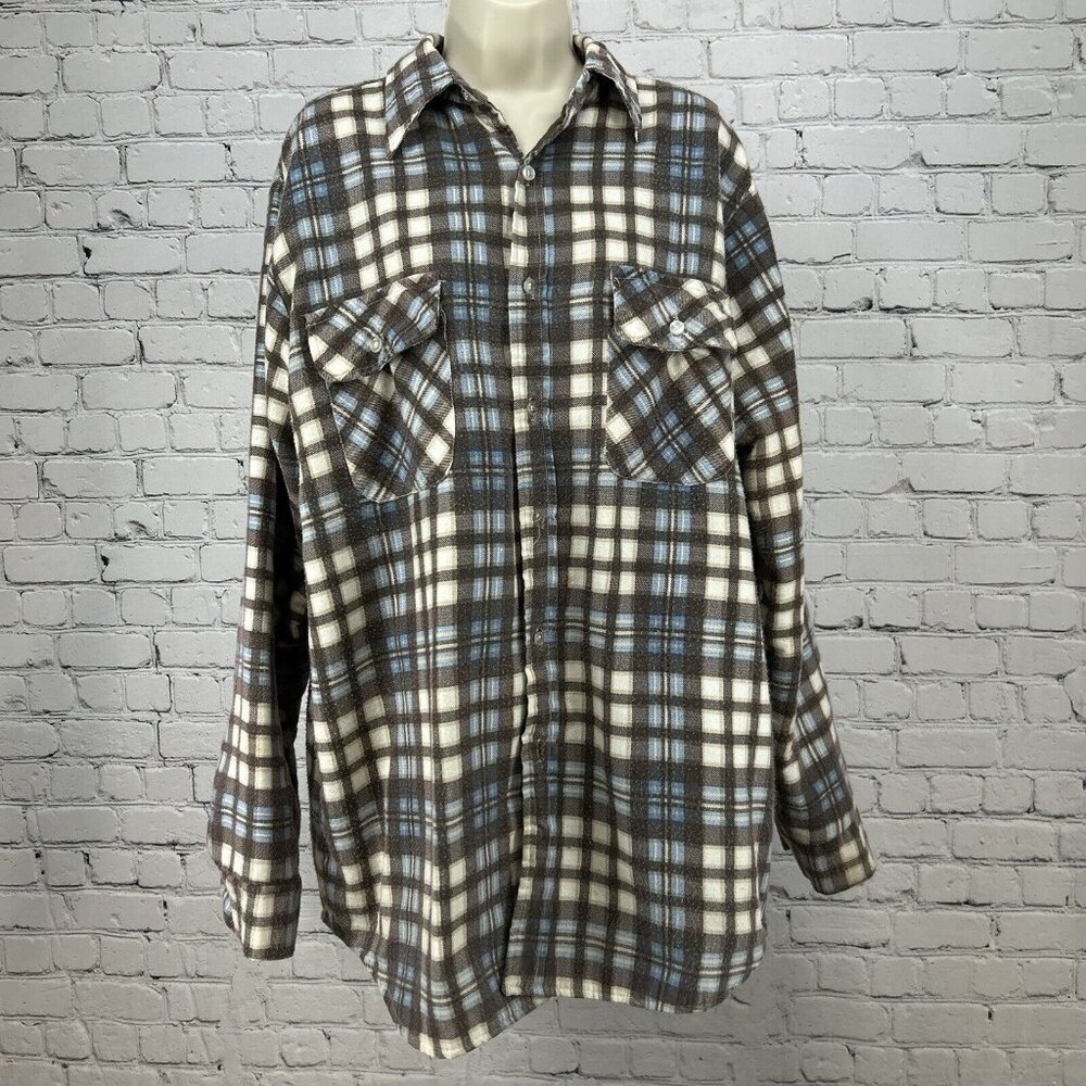VTG Klondike Blue Plaid Button Up Long Sleeve Flannel Jacket USA Unisex Size L